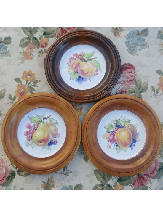 Copelands Grosvenor China Other - Vintage Copelands Grosvenor Spode English China Fruit Wall Plate Set Wood-Framed